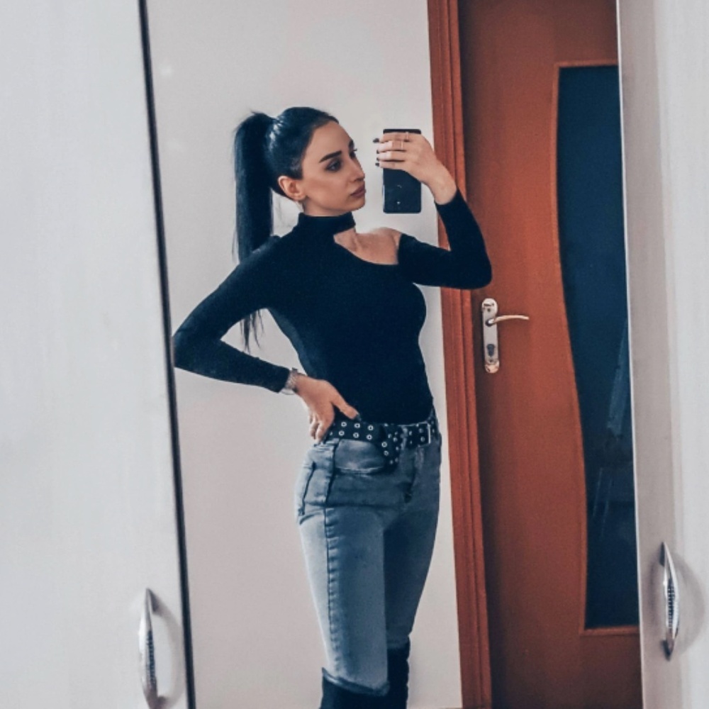 Black Off One Shoulder Asymmetrical Slim Fit Shirt Top Mock Neck - Picture 13 of 13